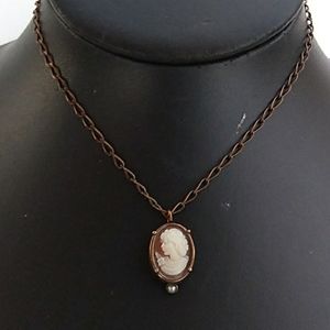 Anthropologie Extasia Hand Carved Italian Shell Cameo Seed Pearl Bronze Choker